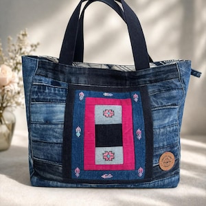 Upcycled Denim Tote, Cross Stitch Patchwork, Boho Shoulder, Sustainable Everyday Bag
