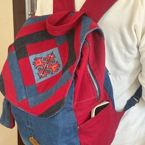 Turkish Kilim Backpack, Eli Belinde Pattern Denim Bag, Handmade Patchwork Canvas Backpack, Upcycled Denim Rucksack, Boho Ethnic Bag