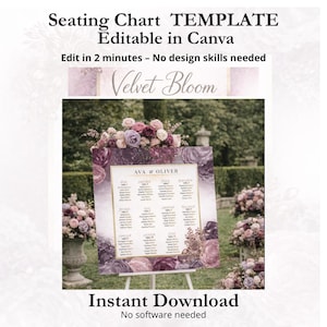 Può includere: Un modello di tableau de mariage con il testo "Seating Chart TEMPLATE Editable in Canva". Il design presenta un tema floreale con il testo "Velvet Bloom" e "AVA & OLIVER". Il cartello è su un cavalletto e include il testo "Instant Download".