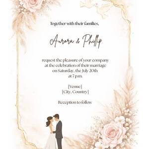 Può includere: Invito di nozze con un design ad acquerello. L'invito presenta i nomi "Aurora & Phillip" in elegante scrittura, insieme ai dettagli sulla data e l'ora del matrimonio. Accenti floreali e di piume incorniciano il testo, con un'illustrazione di coppia in basso.