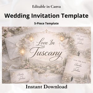 Editable Wedding Invitation Template Set, Romantic Floral Tuscany Wedding Invite, 5 Piece Wedding Suite, Canva Template,Save the Date, RSVP