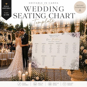 Può includere: Un modello di tableau de mariage su un cavalletto, con un design floreale e i nomi degli invitati. La tabella include i nomi degli sposi, Emma & Lucas, e la data del matrimonio, 21 giugno 2026. Lo sfondo mostra una cerimonia nuziale.