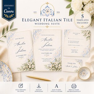 Può includere: Un'elegante suite nuziale con un design a piastrelle italiane. La suite include biglietti di invito, biglietti di risposta e biglietti di ringraziamento. Il design presenta accenti floreali e i nomi "Amelia e Julian". Modificabile in Canva.