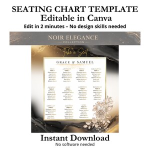 Può includere: Un modello digitale di tableau de mariage nero e oro, con i nomi degli invitati organizzati per tavolo sotto "Grace & Samuel". Il modello è modificabile in Canva e disponibile per il download immediato.