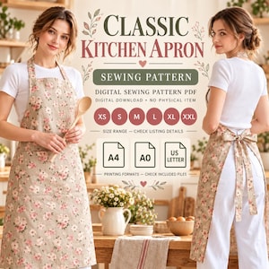 May include: A digital sewing pattern for a classic kitchen apron featuring a beige fabric with a pink and white floral print. The text includes Classic Kitchen Apron, Sewing Pattern, Digital Sewing Pattern PDF, Digital Download, and size options.