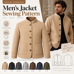Puede incluir: Un patrón de costura para chaqueta beige con cuello alzado, cinco botones frontales y dos bolsillos de parche. La imagen incluye el texto Men's Jacket Sewing Pattern, PDF Pattern y XS-4XL Sizes, junto a un dibujo técnico de líneas.