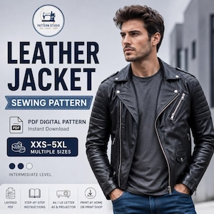 May include: A digital sewing pattern for a black leather jacket with a notched collar, quilted shoulder panels, and silver metal zippers. The text reads LEATHER JACKET SEWING PATTERN, PDF DIGITAL PATTERN, XXS-5XL MULTIPLE SIZES, and INTERMEDIATE LEVEL.