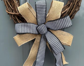 Rustic Bow, Farmhouse Bow, Black and White Gingham and Burlap Bow, Handmade Neutral Bow, Everyday Bow