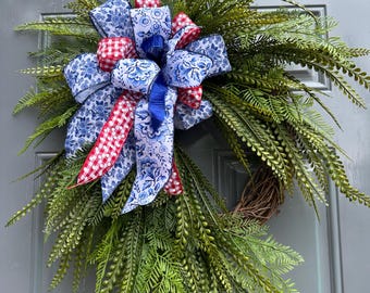 Patriotic Greenery wreath with Blue  bow, Farmhouse front door wreath, Everyday grapevine wreath, Rustic Porch Decor, Red and Blue BowWreath