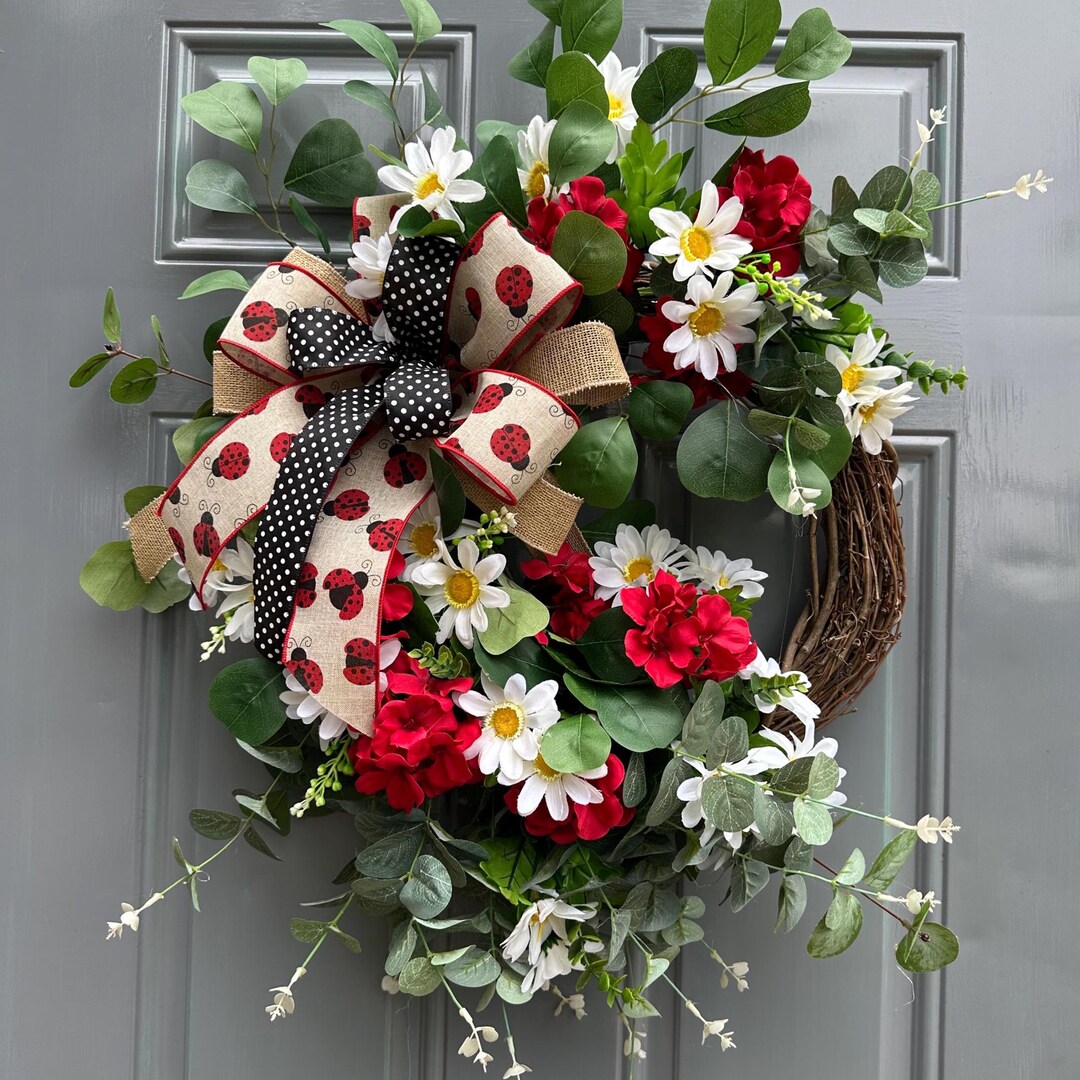 Ladybug Daisy Grapevine Wreath, Summer Front Door Wreath, Red White ...