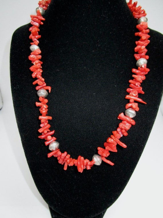 Vintage Red Coral and Silver Necklace - image 1