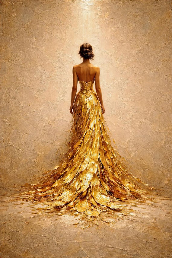 gold paint dress Woman Impasto Painting, Textured Neutral Beige Wall Art (Digital Download) Fabric:Sequin
