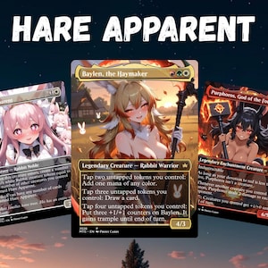 May include: Three Magic: The Gathering cards featuring anime-style characters. The cards are titled "Hare Apparent", "Baylen, the Haymaker", and "Purphoros, God of the Forge". The cards have a fantasy theme with rabbit and warrior characters.