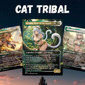 May include: Three fantasy-themed trading card game cards featuring female characters with cat-like features. The cards are titled "Mirri, Weatherlight Duelist", "Arahbo, Roar of the World", and "Kaheera, the Orphanguard". The text "CAT TRIBAL" is displayed at the top.
