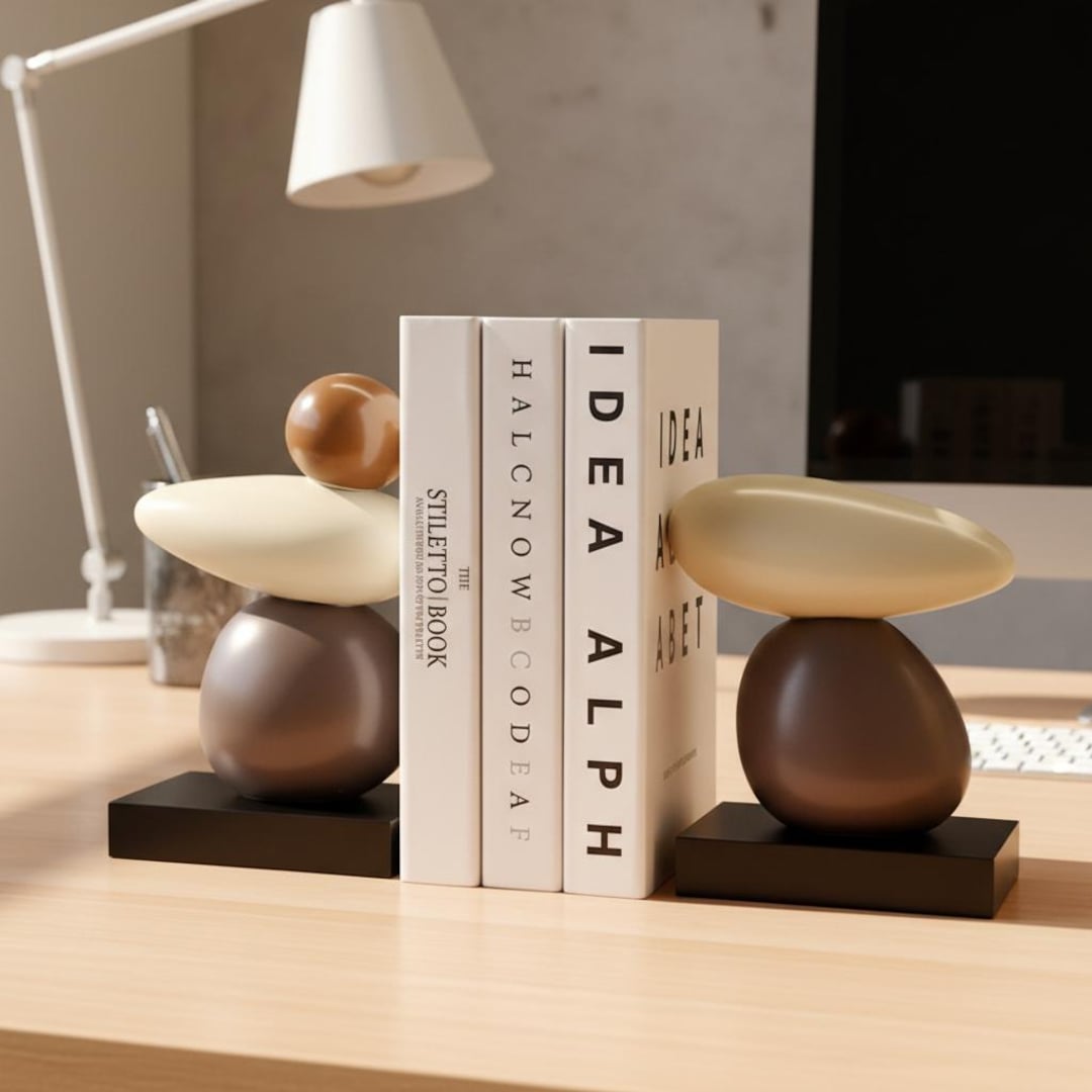 Ceramic Stacked Stone Bookends, Abstract Pebble Sculpture for Bookshelf ...