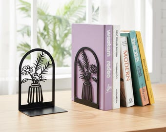 Serre-livres en métal floraux, coupe-livres en forme de vase à fleurs arqué et décoration minimaliste noire d'étagère, cadeau unique de bureau à domicile pour les lecteurs