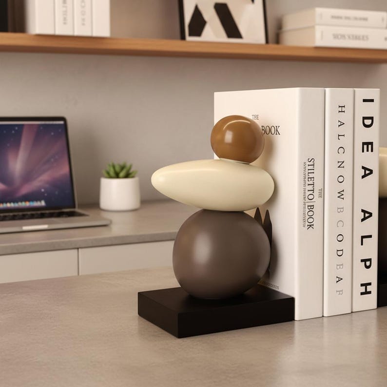 Ceramic Stacked Stone Bookends, Abstract Pebble Sculpture for Bookshelf ...