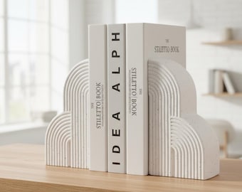 Arched Ceramic Bookends, Minimalist Bookshelf Decor & Textured Line Art Statue, Unique Housewarming or Book Lover Gift for Readers