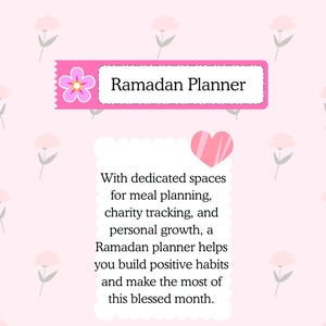 Puede incluir: Un planificador de Ramadán rosa con un fondo floral. El planificador incluye espacios dedicados para la planificación de comidas, el seguimiento de la caridad y el crecimiento personal. El texto en el planificador dice "Ramadan Planner".