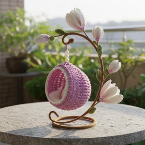 May include: A handcrafted, crochet hanging birdhouse in a soft pink hue, suspended from a decorative metal stand. The stand is adorned with crochet magnolia flowers in white and pink, and green leaves. The birdhouse is designed to resemble a cozy nest.