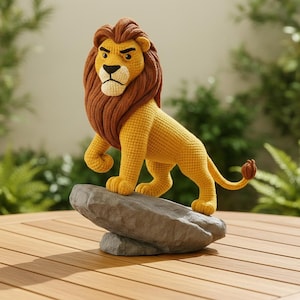 Puede incluir: Figura de león de ganchillo en amarillo y marrón, de pie sobre una roca gris. El león tiene una melena detallada y una expresión decidida. La figura está colocada sobre una mesa de madera, con vegetación al fondo.
