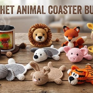 Könnte beinhalten: Eine Sammlung von gehäkelten Tieruntersetzern, darunter ein Löwe, ein Fuchs, eine Giraffe, ein Panda und ein Tiger, die auf einer Holzoberfläche angeordnet sind. Das Bild zeigt auch eine Tasse mit einem farbenfrohen Design und dem Text "CROCHET ANIMAL COASTER BUNDLE".