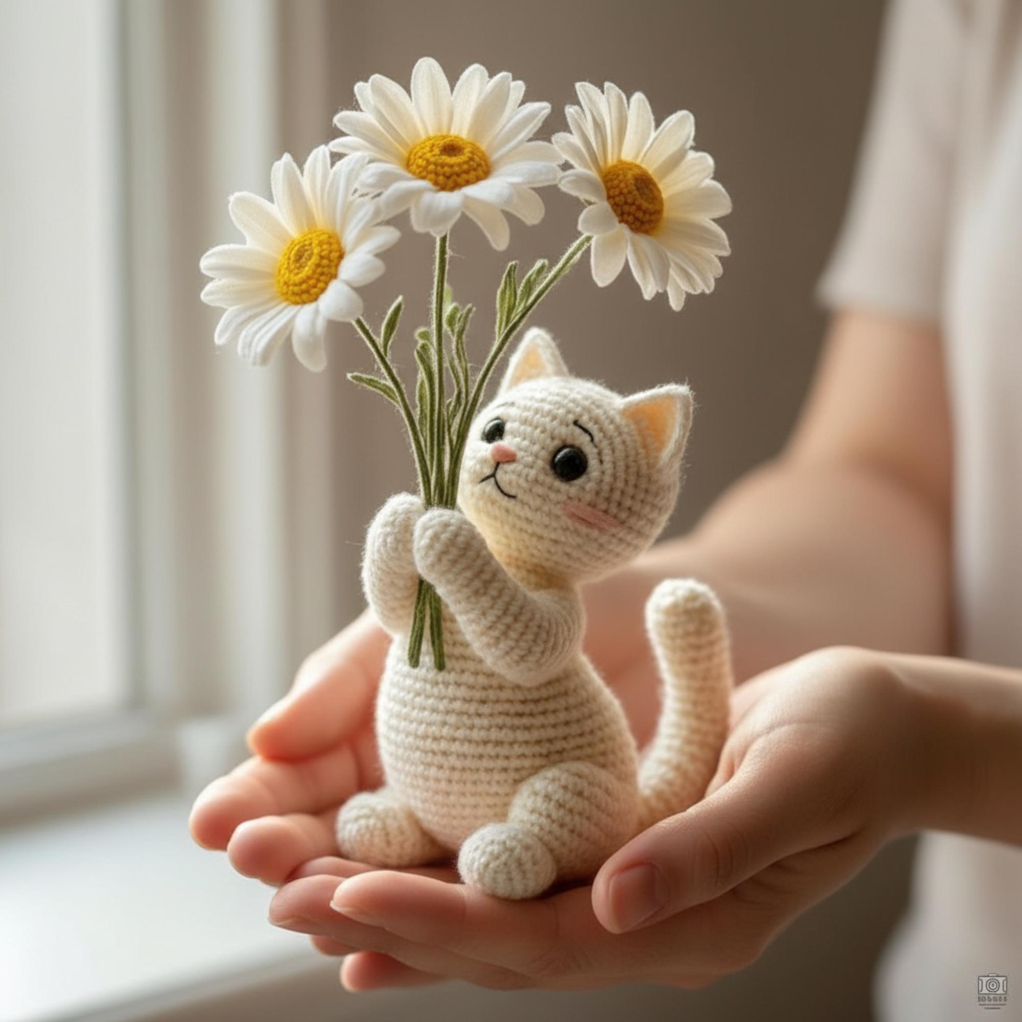 Crochet Cat Amigurumi Pattern – Kitten Holding Daisy Bouquet (PDF ...