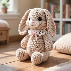 May include: A handmade crochet bunny in beige with long ears, black eyes, and a pink nose and mouth. It has a white lace collar with a pink bow. The bunny is sitting on a wooden floor.