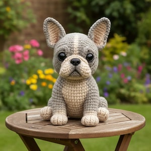 May include: A crocheted French Bulldog toy, predominantly grey with cream-coloured accents. It features large, black eyes and a small black nose. The dog is seated on a small, round wooden table, set against a backdrop of a garden with colourful flowers.