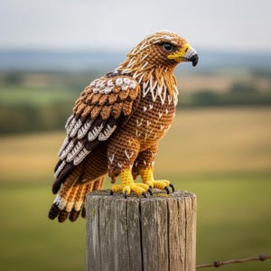 Può includere: Una scultura dettagliata di un'aquila all'uncinetto appollaiata su un palo di legno. L'uccello presenta filato marrone, bianco e beige, con zampe gialle e un becco nero. Lo sfondo mostra un campo verde sfocato e un cielo morbido e nuvoloso.
