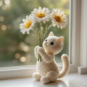Pode incluir: Uma figura de gato de crochê creme segurando um buquê de margaridas brancas com centros amarelos. O gato está sentado em uma janela. O fundo é uma visão borrada de vegetação.