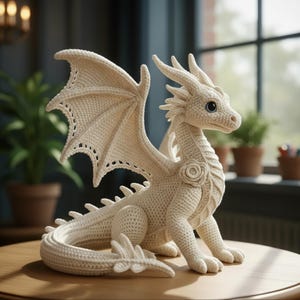 May include: A cream-colored crocheted dragon figurine with detailed wings, horns, and a rose embellishment on its chest. The dragon is sitting on a wooden table. The dragon's eyes are a dark blue color.