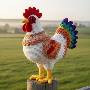 May include: A handmade crochet rooster with a white body, a red comb and wattle, and a yellow beak and feet. The rooster's tail features a rainbow pattern. It is standing on a wooden post in front of a green field.