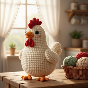 Op de afbeelding: Een handgemaakte gehaakte kip met een rode kam en lellen, oranje snavel en poten en zwarte ogen. De kip is wit en staat op een houten tafel. Een mand met bollen wol staat in de buurt.