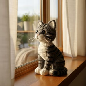 Könnte beinhalten: Eine gehäkelte Katzenfigur in Grau und Weiß sitzt auf einer Holzfensterbank. Die Katze hat Streifen, große Augen und Schnurrhaare. Sie befindet sich in der Nähe eines Fensters mit Blick auf Pflanzen und Vorhänge.