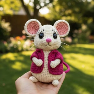 May include: A handmade crochet mouse toy with a cream-colored body, pink ears, and a magenta jacket. The mouse has black eyes with long eyelashes, a pink nose, and white whiskers. The toy is held in a person's hand against a blurred green background.
