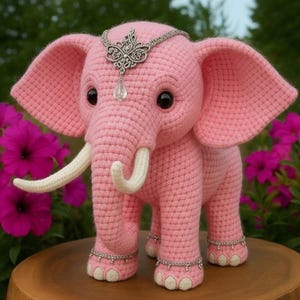 May include: A handcrafted pink crochet elephant with large ears, white tusks, and black eyes. It is adorned with a silver headpiece and anklets. The elephant is standing on a wooden surface, with pink flowers in the background.