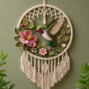 May include: A circular macrame wall hanging featuring a crocheted hummingbird with green, white, and pink plumage hovering near a large pink flower. The design includes green crocheted leaves, small pink buds, and a fringe of macrame leaves and wooden beads.