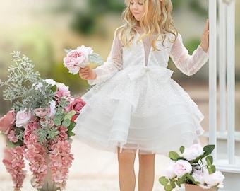 Vestido de tul con lentejuelas para niña de las flores, vestido de princesa de manga larga