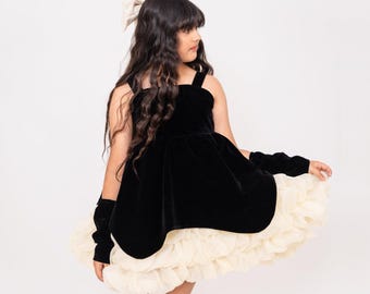 Vestido de niña de terciopelo negro con falda beige con volantes, vestido de fiesta