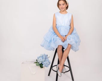 Vestido de tul con volantes azul cielo, vestido de cumpleaños de cuento de hadas