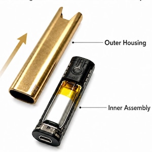 Puede incluir: Una carcasa exterior dorada y un ensamblaje interior negro para un dispositivo. El texto dice: Overview: Outer Housing & Inner Assembly, The outer housing slides off to reveal the inner assembly, Outer Housing, Inner Assembly, Use either section to identify your device style.