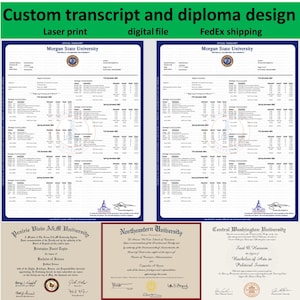 Könnte beinhalten: Individuelle Transkript- und Diplomdesigns. Das Bild zeigt zwei Abschriften der Morgan State University und drei Diplome der Prairie View A&M University, der Northeastern University und der Central Washington University. Der Text enthält "Laserdruck" und "digitale Datei."