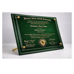 zwevende glazen gradenlijst greenwood, hogeschool, design universitair diploma, diploma, certificaat, prijs, glazen gradenlijst, op maat gemaakte plaquette