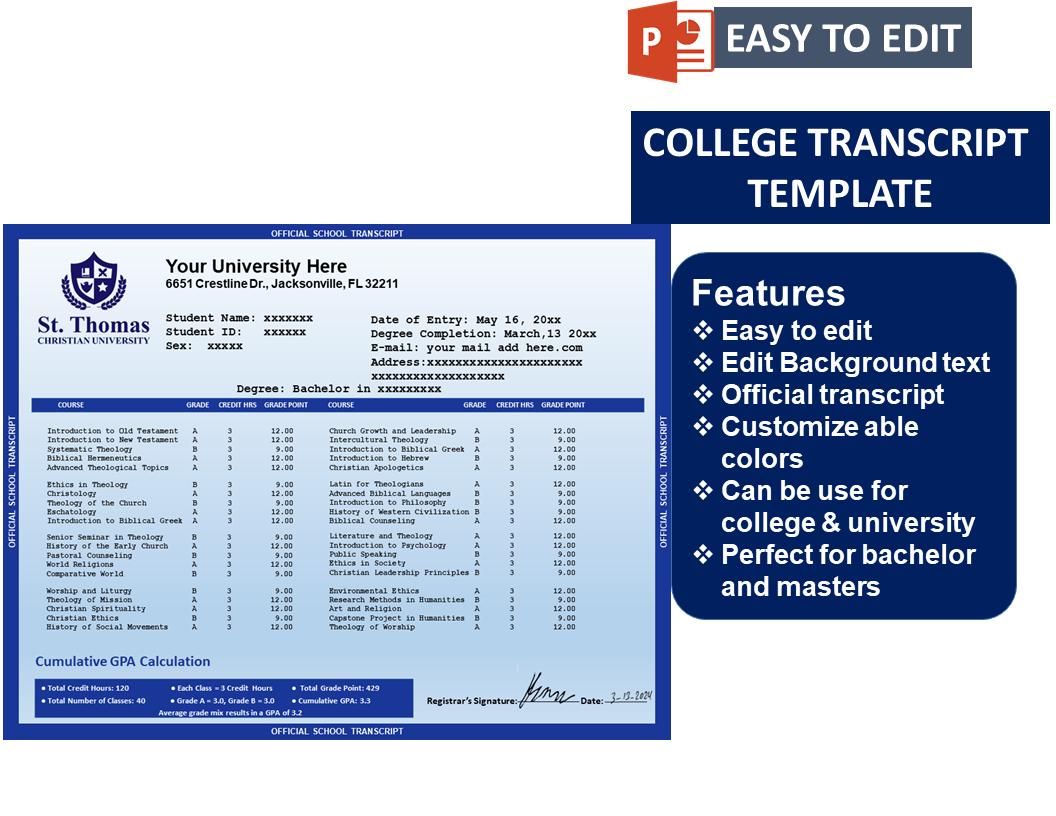 Editable College Transcript, University Transcript Template, Official ...