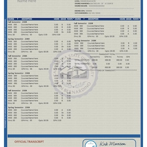 May include: Official student transcript printed on blue security paper. The document includes the college/university name, student information, course details, grades, and the registrar's signature. The transcript is a standard 8.5 x 11 inch document.
