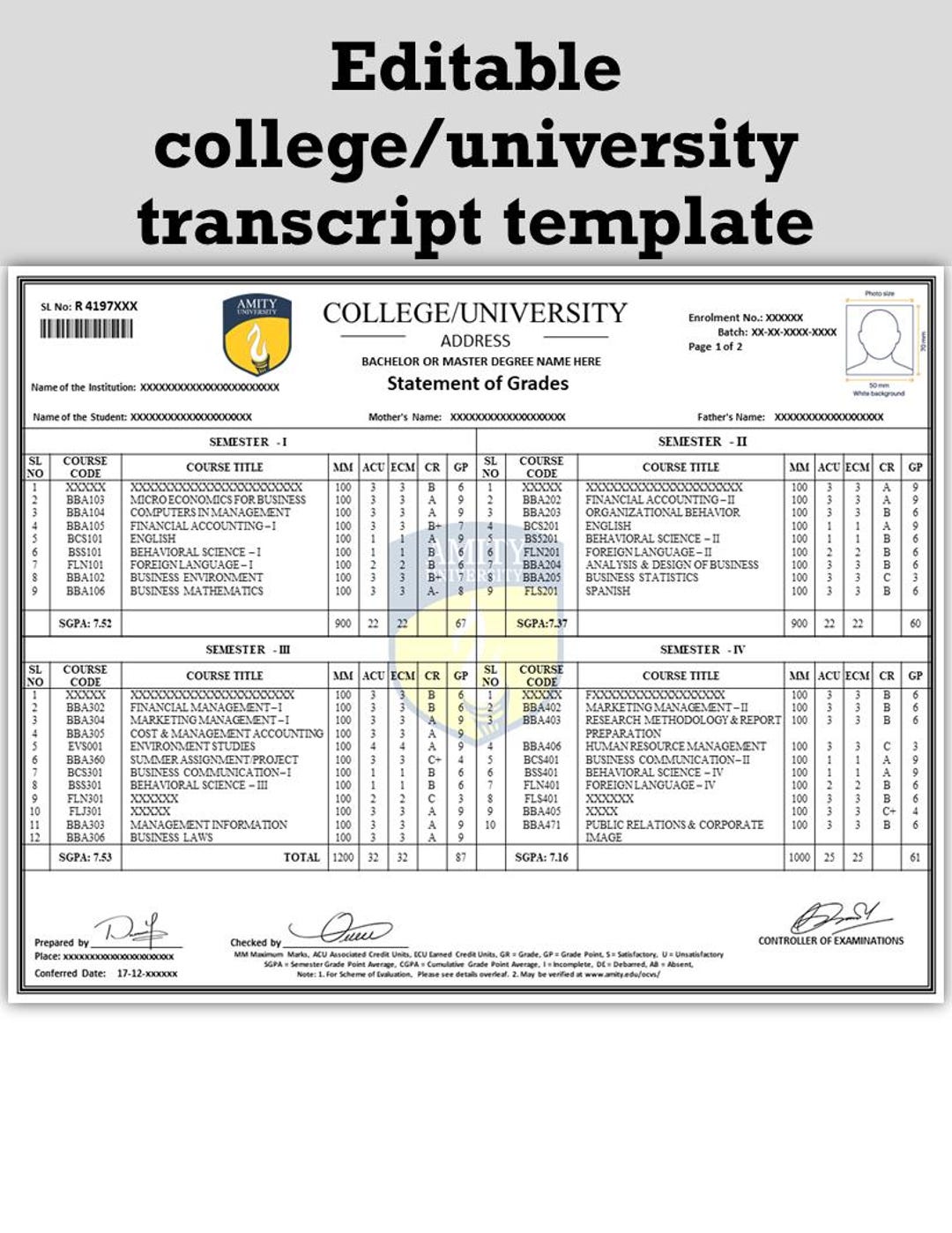 Video Transcript Design Ideas Editable University Transcript, College Transcript Template, Custom ...