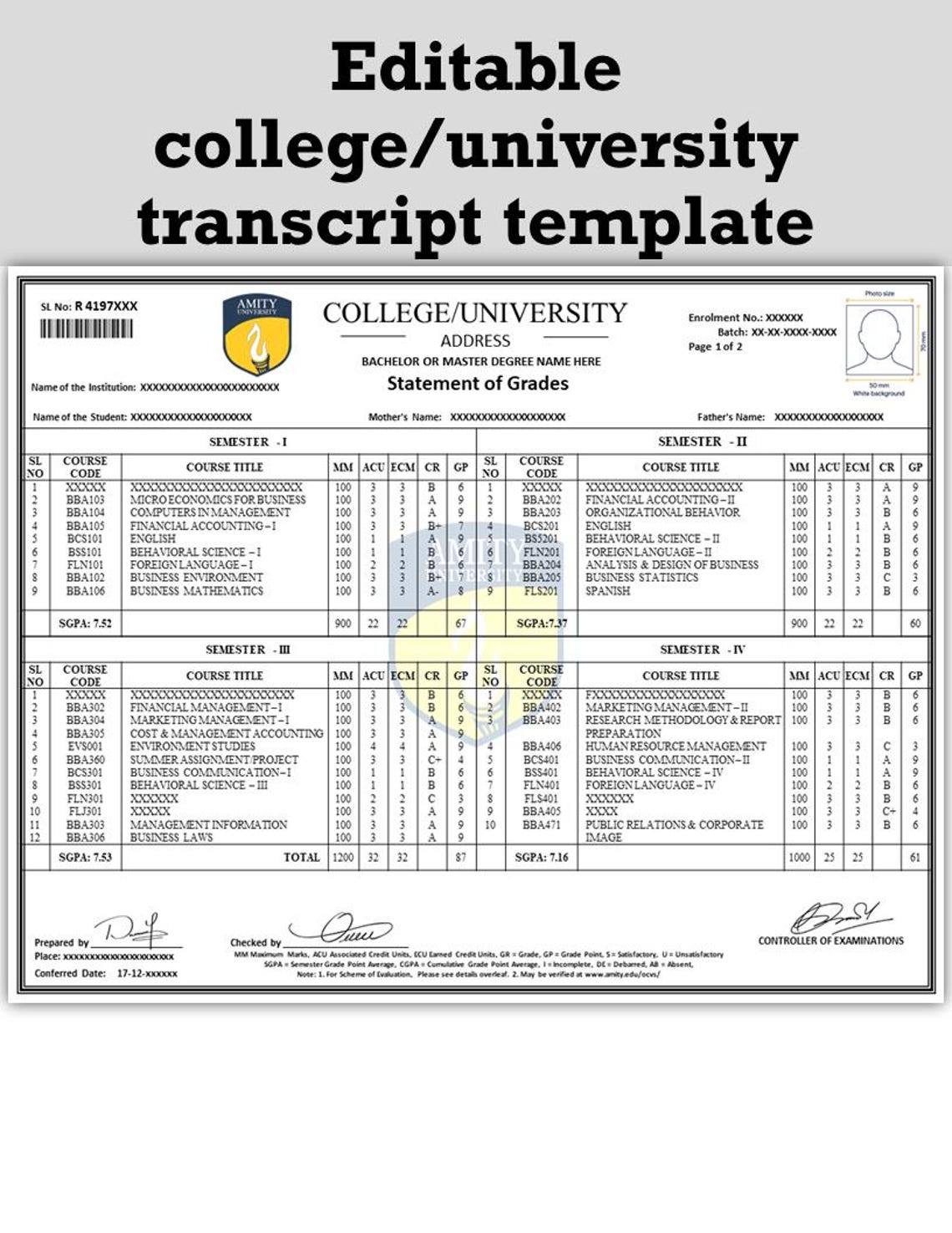 Editable University Transcript, College Transcript Template, Custom ...