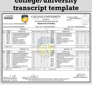 May include: A college transcript template with the text "Editable college/university transcript template" at the top. The document includes sections for student information, course details, and grades, with a university logo.