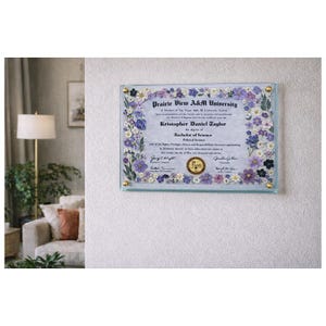 Marco de diploma de vidrio con flores prensadas, placa de título universitaria personalizada, marco de exhibición de certificado floral, marco de diploma, regalo, diseño de diploma